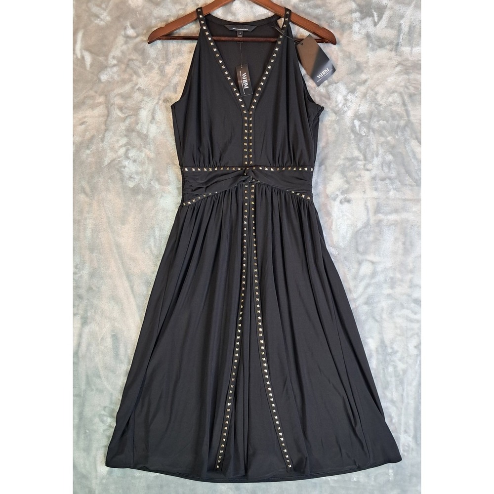 NWT White House Black Market Black Studded V-Neck Fit & Flare Dress Women Size 4